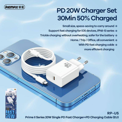 Karikues rrjeti Remax Prime II Series RP-U5, 20W PD, me kabllo USB-C Lightning 1m, i bardhë