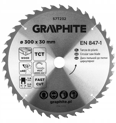 Disk sharrë për dru Graphite 57T232, 300 x 2.8 x 30 mm, 40 dhëmbë TCT, argjendtë