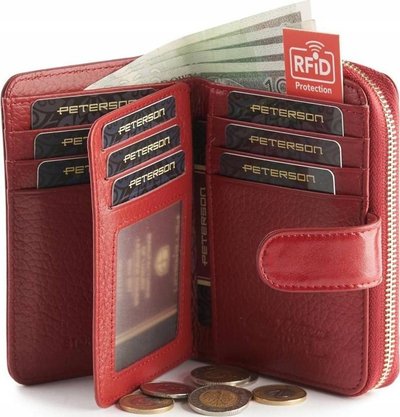 Portofol lëkure për goca Peterson, RFID, mbyllje me zinxhir, i kuq