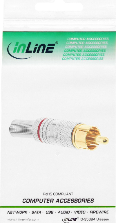 Konektor RCA InLine metal mashkull, për saldim, për kabllo 6mm, argjendtë me unazë të kuqe