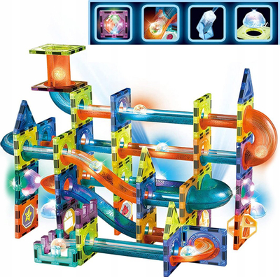 Lodër ndërtimi magnetike Light Magnetic Blocks Marble Run, 110 pjesë, me drita LED, shumëngjyrëshe