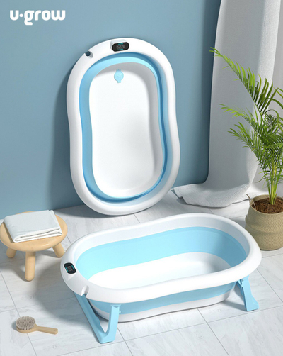 Kadë palosëse për bebe U-Grow, 77.5x50x21 cm, me jastëk dhe termometër digjital, blu