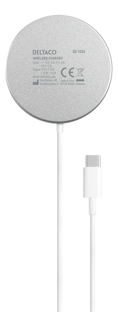 Karikues wireless DELTACO QI-1034, me magnet, 15W, i bardhë