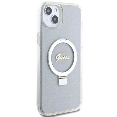 Kllëf telefoni Guess GUHMP15MHRSGSD për iPhone 15 Plus, me unazë Ring Stand, MagSafe, transparent me shkëlqim