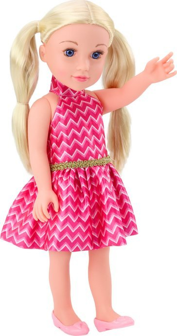 Kukull Pink Doll, 46 cm, fustan rozë, flokë bionde me bishtaleca