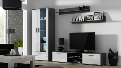 Komodë TV Cama Meble Soho 180, MDF, gri me shkëlqim e bardhë