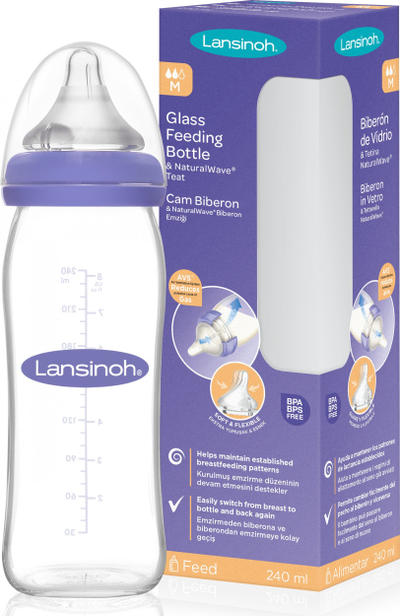 Шише за хранење од стакло Lansinoh Natural Wave, 240 ml, проѕирно