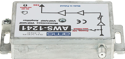 Amplifikator antene AMS AWS-1241, për sinjal TV, kompakt, gri