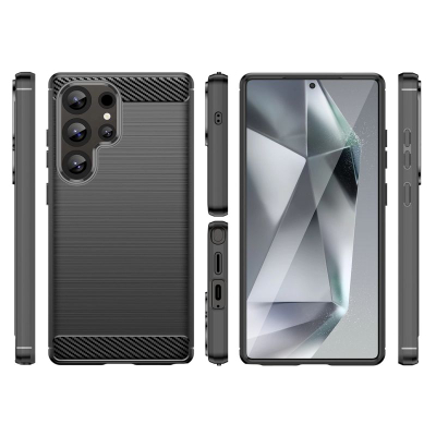 Kuti silikoni për telefon Samsung Galaxy S25 Ultra, pamje karbon, mbron nga goditjet, ngjyrë e zezë
