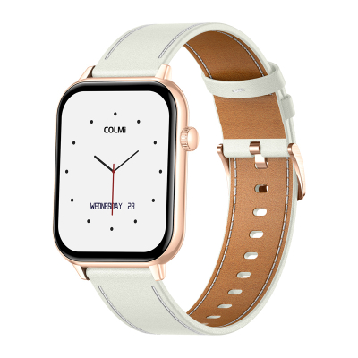 Smartwatch Colmi C28, ekran AMOLED, rrip lëkure, gold e bardhë