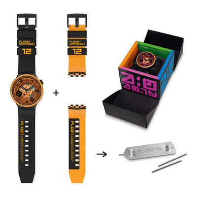 Orë dore Swatch Big Bold OOPS! SB01B127, e zezë/portokalli