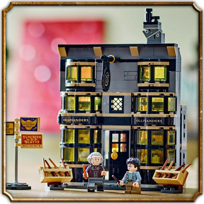 Lodër ndërtimi LEGO Harry Potter Ollivanders edhe Dyqani i Madam Malkins 76439, set me dy dyqane, për kalamaj