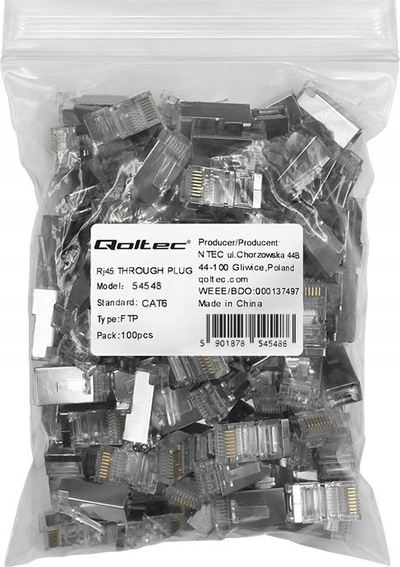 Prizë rrjeti Qoltec RJ45 CAT6 FTP Pass Through, gold plated, transparent