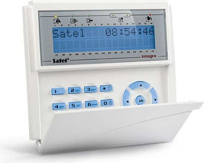 Tastierë alarmi Satel INT-KLCD-BL, me ekran LCD, me dritë tek butonat, ngjyrë e bardhë