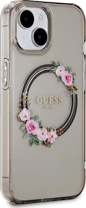 Маска за телефон Guess IML Flowers Wreath MagSafe за iPhone 15, TPU PC, транспарентна