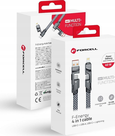 Kabllo 4in1 Forcell F-energy C241, USB A Type C Lightning, 60W 3A, gri