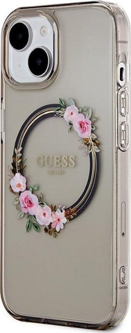 Маска за телефон Guess IML Flowers Wreath MagSafe за iPhone 15, TPU PC, транспарентна