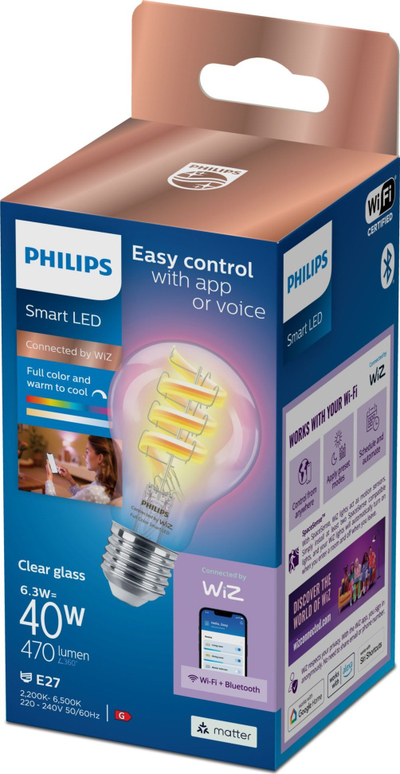 Llambë inteligjente Philips WiZ Filament Clear RGB, E27, 6.3W, dritë me ngjyra