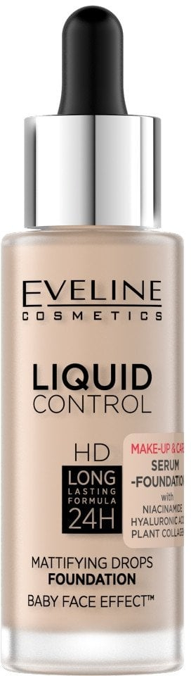 Fondatinë lëngu Eveline Liquid Control HD 010, mbulim mesatar në të plotë, efekt mat, bezhë e çelët