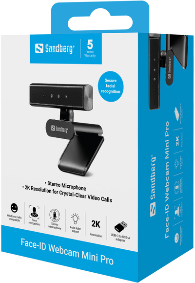 Kamerë web Sandberg Face-ID Webcam Mini Pro, 2K, me mikrofon mrena, e zezë