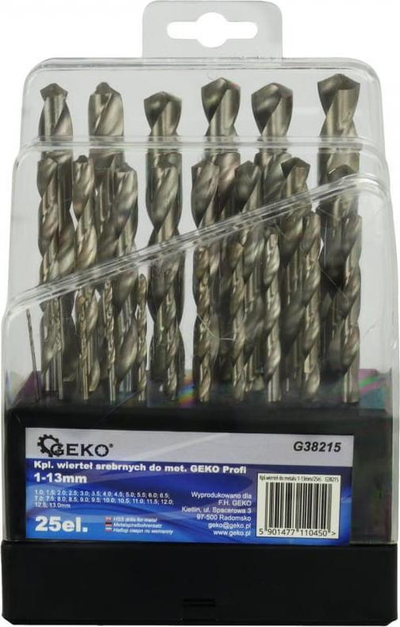 Set stërvilësh metali Geko G38215, 1-13mm, 25 copë, argjendtë