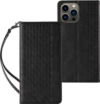 Futrollë telefoni Hurtel Magnet Strap Case Samsung Galaxy S23 Ultra, me kapak portofol, me këmbëz qëndrimi, e zezë