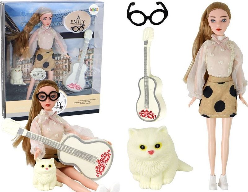 Kukull Emily LEAN Toys, me kitarë dhe syze, flokë të gjata bionde, me kotele