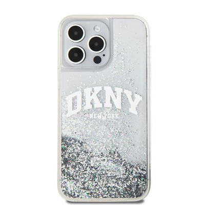 Mbulesë telefoni DKNY Liquid Glitter me logon e madhe për iPhone 15 Pro 6.1", transparente, me xixa, e bardhë