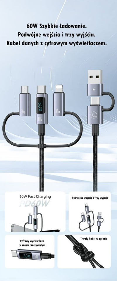 Kabllo USB Usams 3 në 1, USB A në USB C microUSB Lightning, 1.2m, shumëngjyrësh