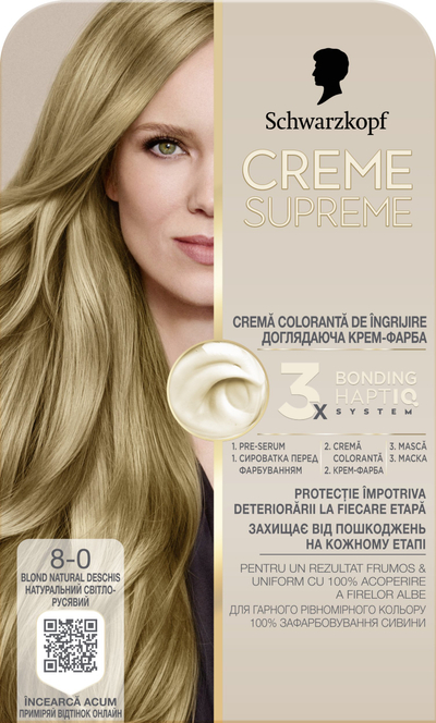 Bojë flokësh Schwarzkopf Creme Supreme 8-0, bionde natyrale e çelët, 60ml
