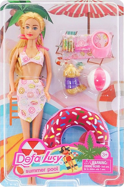 Kukull Defa Lucy Summer Pool, 29cm, me aksesorë plazhi, shumëngjyrëshe