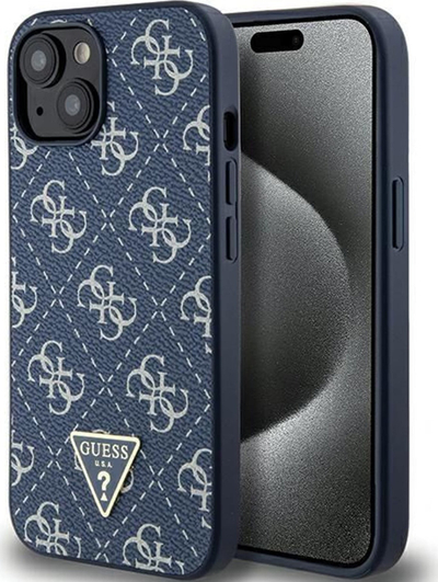 Kapak telefoni Guess 4G Triangle Metal Logo për iPhone 15, lëkurë ekologjike, shkon me karikim wireless, blu
