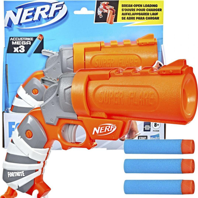 Lodër pistoletë Nerf Fortnite Super Flare, 3 fishekë shkumë, mekanizëm break open, portokalli