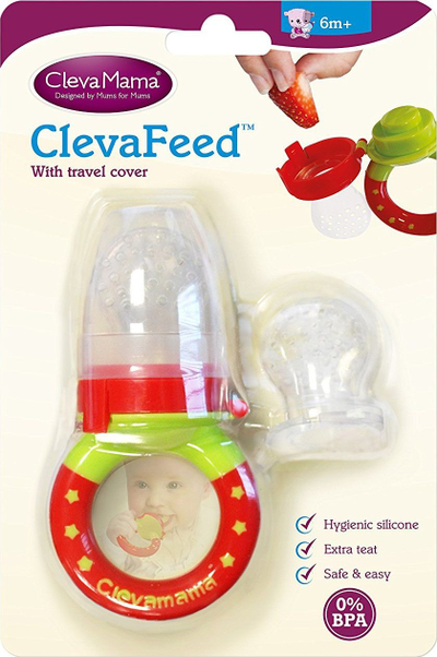 Ushqyes frutash për beb Clevamama ClevaFeed, silikon, me kapak mbrojtës, i kuq jeshil