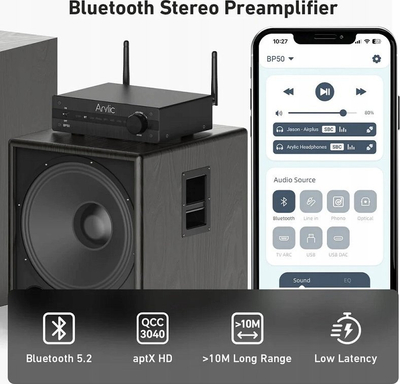 Paraforcilues audio Arylic BP50, DAC i brendshëm, Bluetooth 5.2, i zi