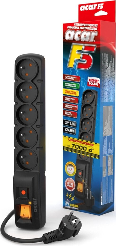 Kabllo zgjatëse Acar F5 (W0099), me mbrojtje kundër mbingarkesës, 5 priza, 1.5 m, e zezë 