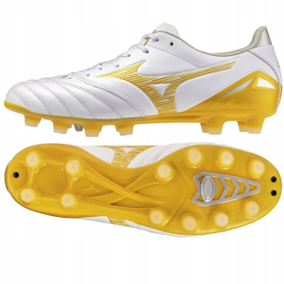 Фудбалски копачки Mizuno Morelia Neo IV Pro FG, кожа, за природни терени, бели со златни детали