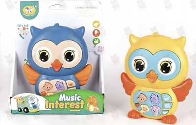 Lodër muzikore buf Askato Cheerful Musical Owl, me drita edhe me tinguj, me bateri, e verdhë ose e kaltër