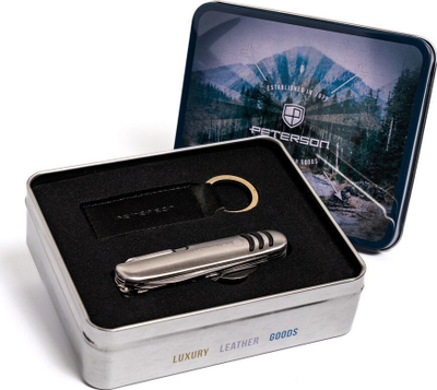 Set dhurate Peterson, thikë xhepi për shumë punë çelik inox, varëse çelësash lëkurë, ngjyrë argjendtë me të zezë