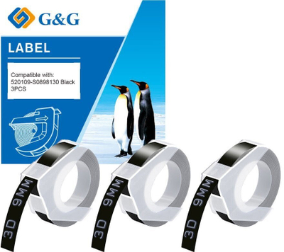 Shirit etiketa G&amp;G Embossing Tape, 9 mm, 3 m, i zi me shkrim të bardhë