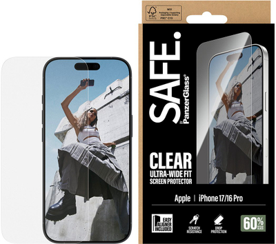 Mbrojtës ekrani PanzerGlass SAFE, iPhone 17 iPhone 16 Pro, Ultra Wide Fit, transparent