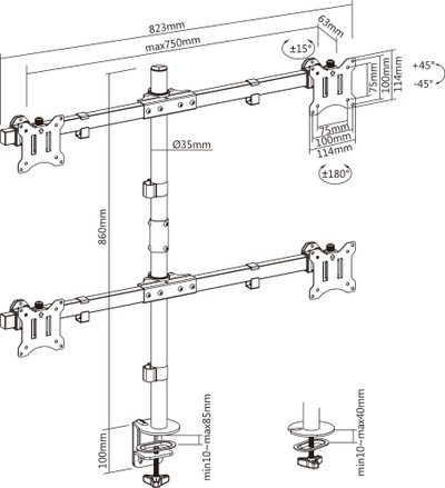 Mbajtëse tavoline për monitor InLine, për 4x 32", rregullim lartësie, e zezë