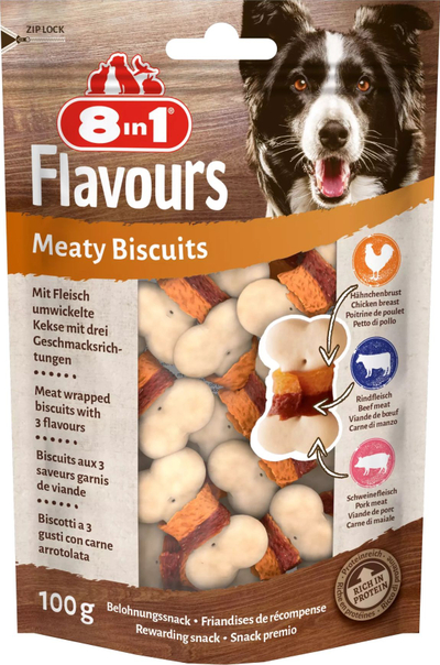 Shujtë për qen 8in1 Flavours Meaty Biscuits, snack me pule dhe viç, 85g
