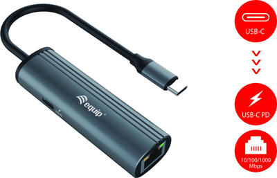 Адаптер мрежен Equip USB-C во RJ45, Gigabit Ethernet, Power Delivery, сив