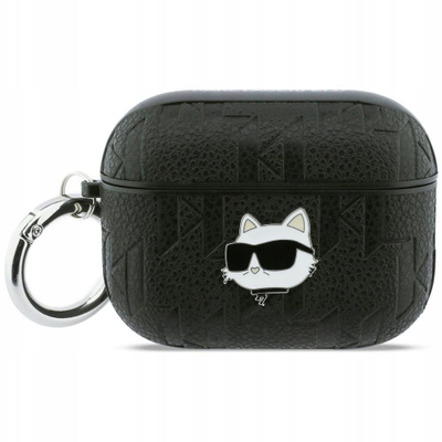 Mbrojtëse Karl Lagerfeld Choupette Monogram për AirPods Pro 3, lëkurë eko, me karabinier, e zezë