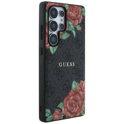 Kapak telefoni Guess Classic 4G Flowers për Samsung Galaxy S25 Ultra, lëkurë eco, MagSafe, i zi