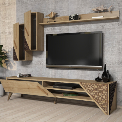 Mur televizori Farfan Living Room, për TV deri 70", dru oak natyral