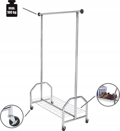 Rrjetë rrobash Wenko Profi Chrome, metal 185 cm, me rrota, krom i argjendtë