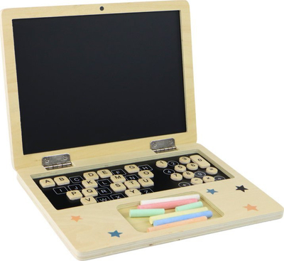 Lodër druri për mësim Blackboard Laptop, dërrasë e zezë me shkumës, kube me shkronja, shumëngjyrëshe
