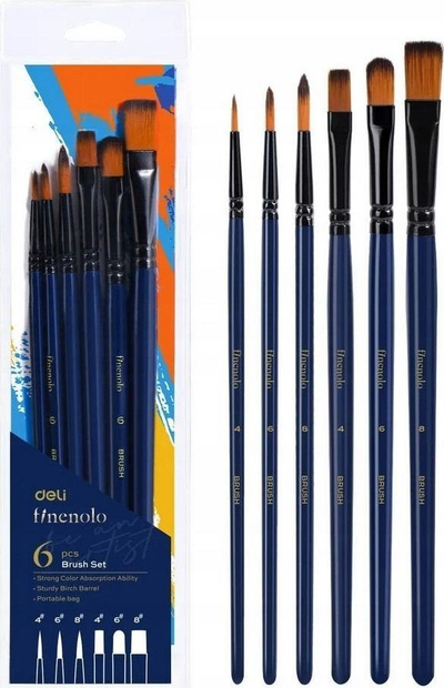 Set furçash pikture Deli Finenolo C277, 6 copë, najlon i butë, dorezë blu